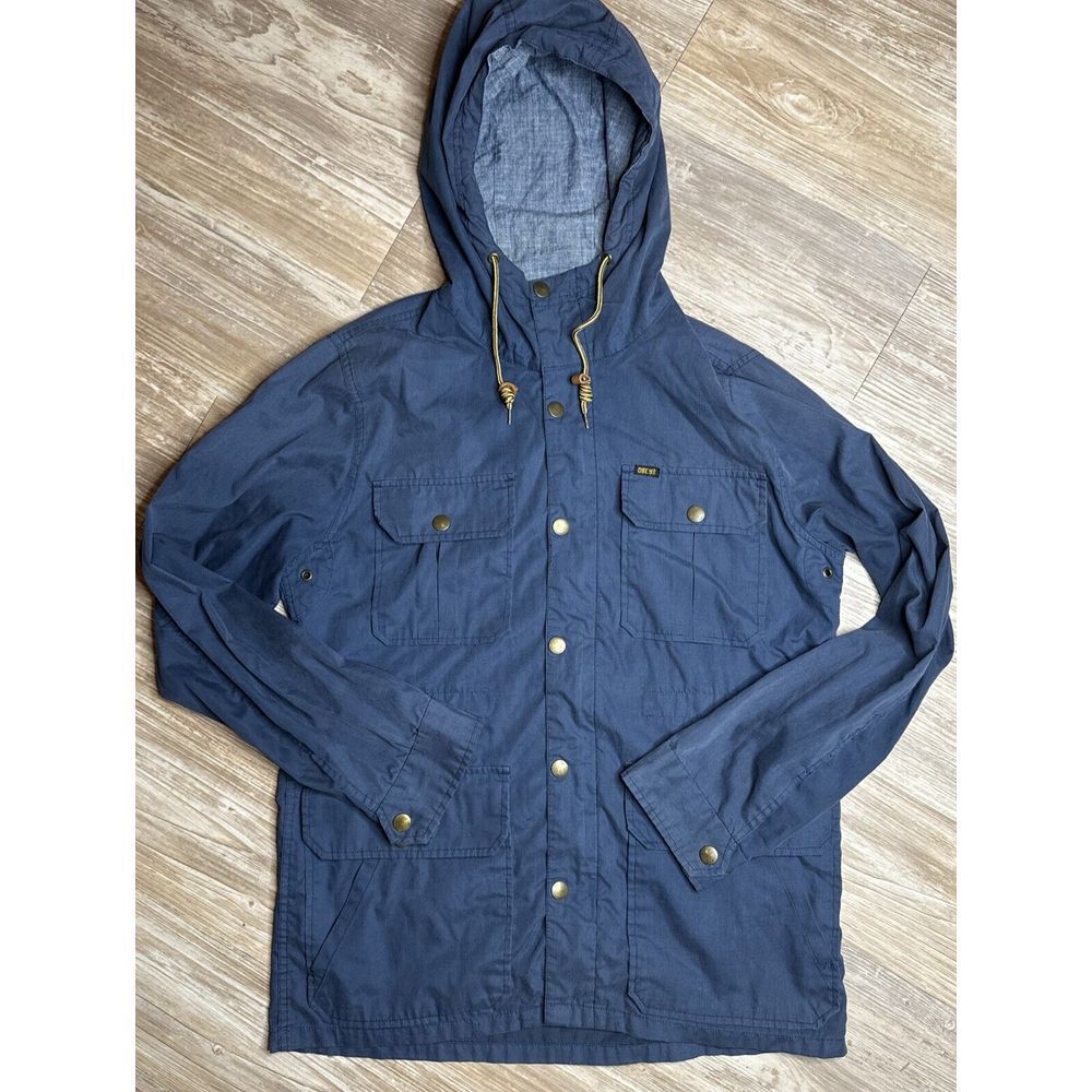 Obey Worldwide Propaganda Jacket Men's med Zip & Button Lightweight Hood‎ Blue